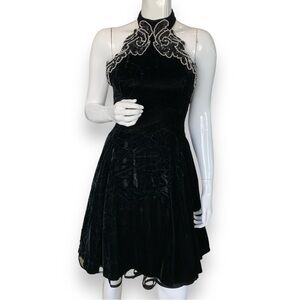 BETSY & ADAM VINTAGE BLACK VELVET SEQUIN BEADED PARTY HALTER DRESS JUNIOR 5-6